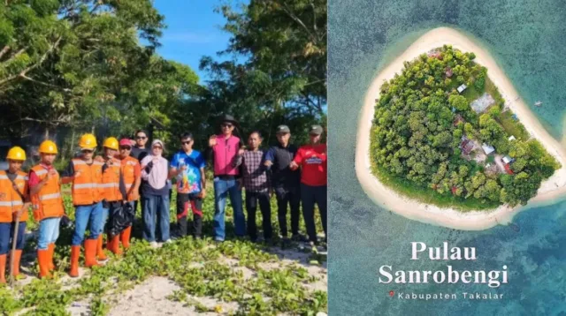Petugas DLHP dan Dinas Pariwisata Takalar memakai rompi oranye saat melakukan aksi gotong royong pembersihan sampah di Pulau Sanrobengi