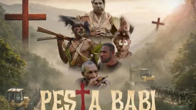 Poster film dokumenter investigatif Pesta Babi yang menyoroti isu kolonialisme modern dan hak masyarakat adat di Papua.