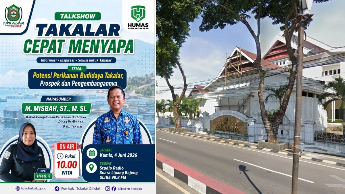 Pamflet resmi talkshow interaktif Takalar Cepat Menyapa yang menghadirkan narasumber M. Misbah dari Dinas Perikanan Takalar dan host Hesti S di Radio SLIBE FM